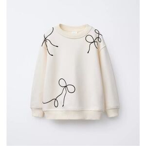NWT Zara Girls Crewneck Embroidered Bows Pullover Sweatshirt Ivory Sz 11 / 12